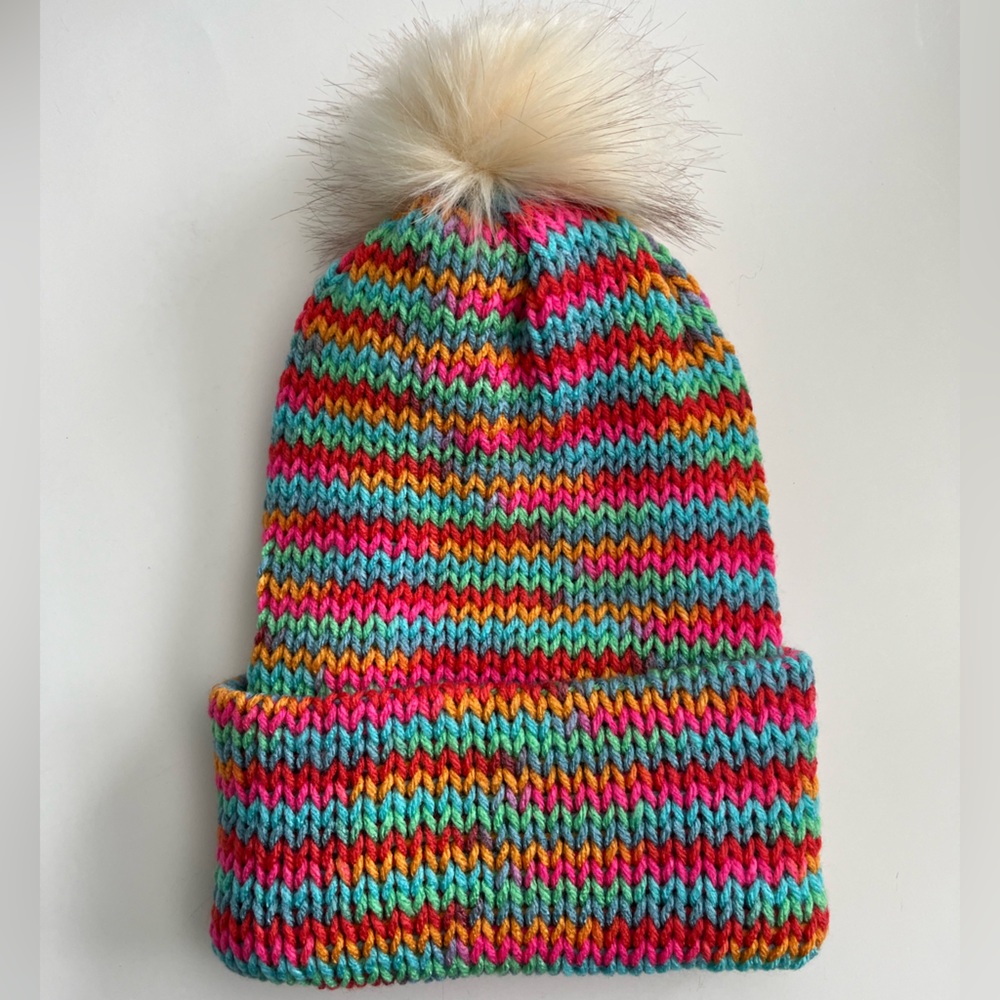 Homemade Knit Adult OS Beanie Winter Hat with PomPom - NEW - Pink Teal Mustard